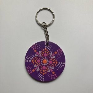 Purple and coral hand painted wooden mandala keychain